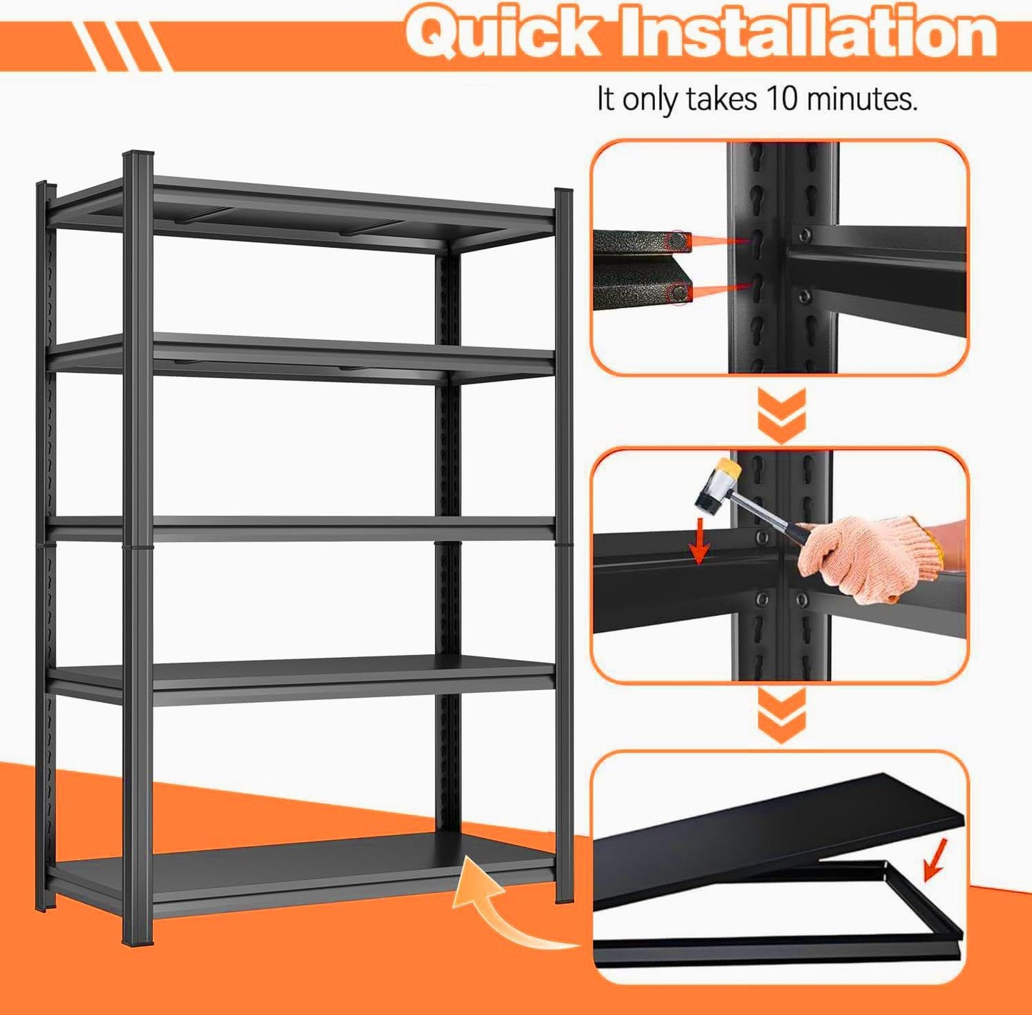 Garage Shelving Metal Storage Shelves 3500LBS Heavy Duty Shelf 5-Tier Adjustable Garage Shelving Units for Basement, Commercial, Warehouse, Industrial, Black