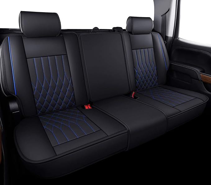 Aierxuan Chevy Silverado GMC Sierra Car Seat Covers Full Set, Custom Fit 2007-2025 1500 2500 HD 3500 HD Crew, Double, Extended Cab or Pickup Truck, with Waterproof Faux Leather (Black and Blue)