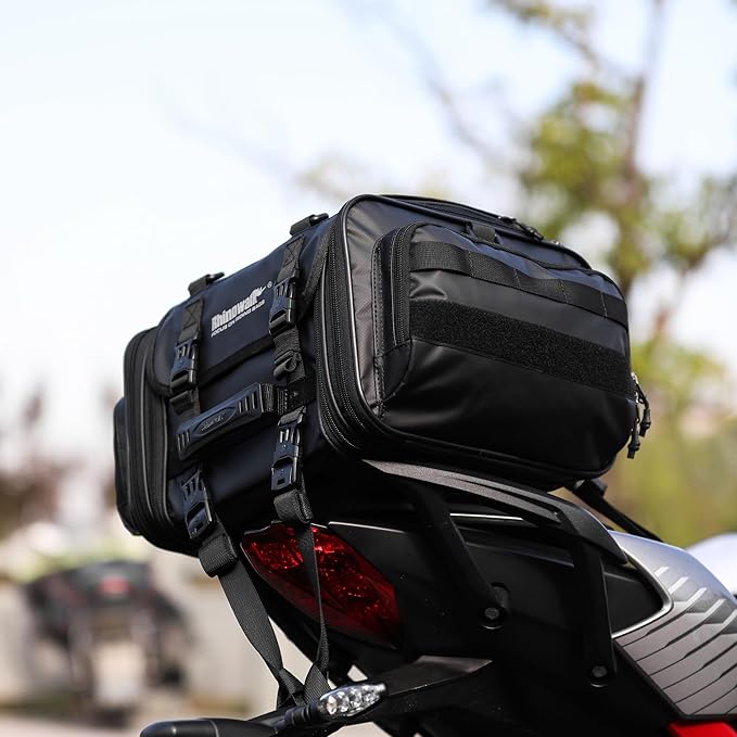 Rhinowalk Motorcycle Tail Bag 19-26L Expandable Waterproof Motorbike Saddle Bag Powersports Travel Luggage with Rain Cover & Shoulder Strap (Black, 26L)
