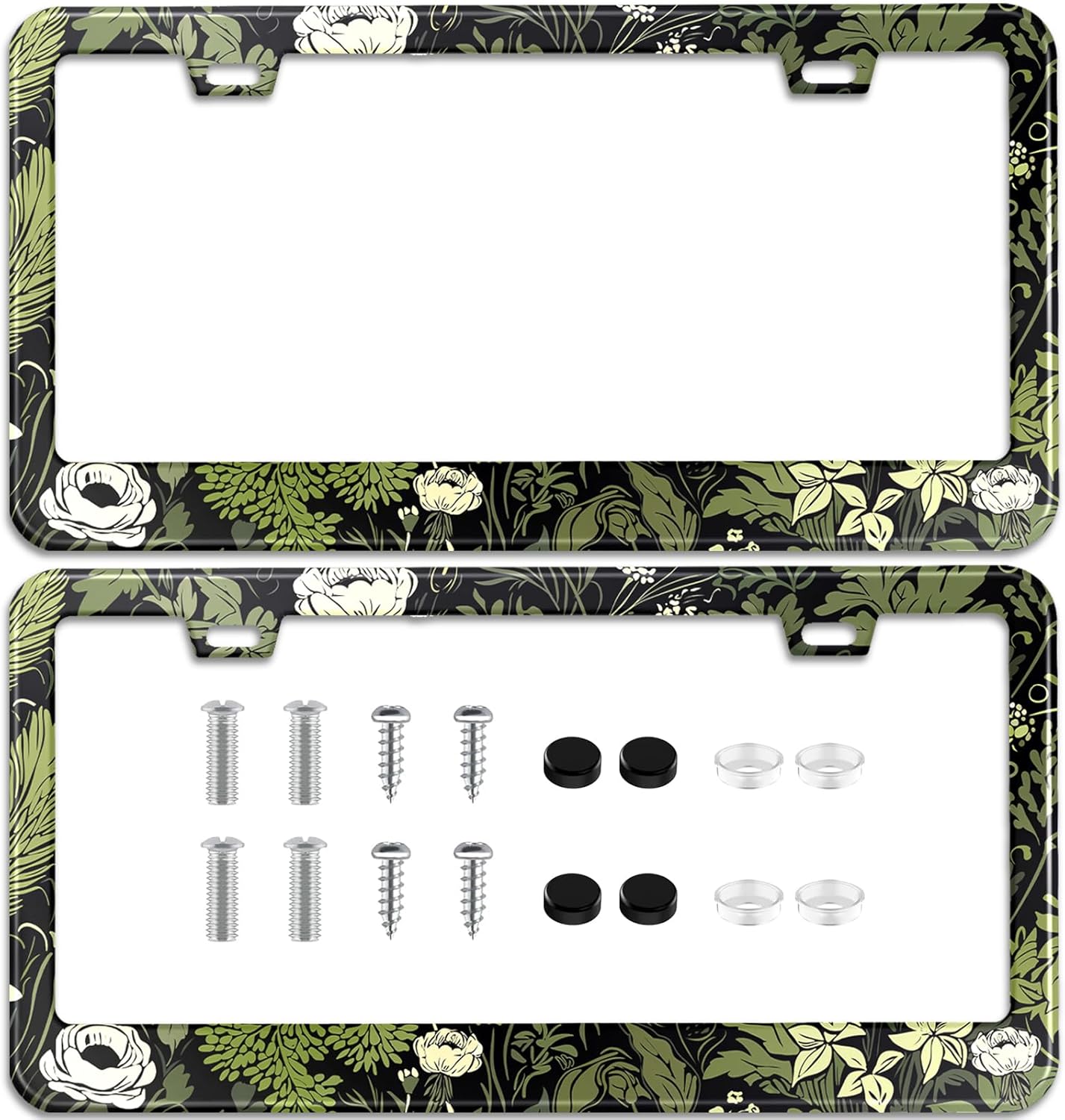2 Pcs Sage Green Floral License Plate Frame Plant Flowers Stainless Steel License Plate Frames Holder Covers Auto Parts Decoration with Screws License Plate Holder for Car Accessories 12x6 Inch