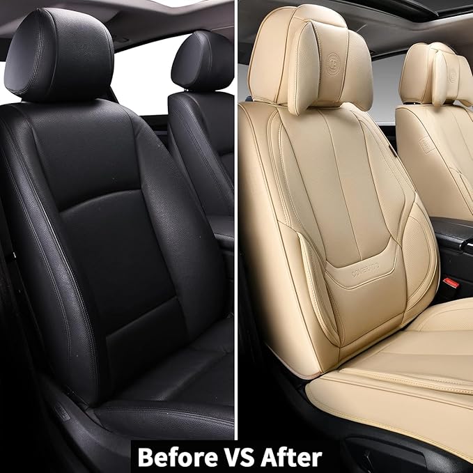 Coverado Universal Seat Covers Front, Universal Seat Covers for Cars, 2-Pack Waterproof Nappa Leather Car Seat Covers with Head Pillow, Auto Protectors Fit for Most Sedans SUV Pick-up Truck-Beige
