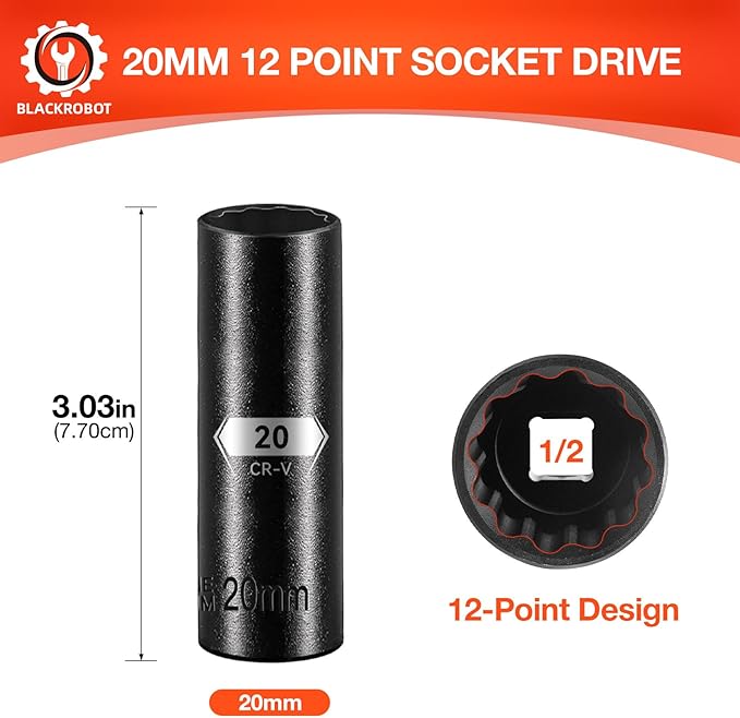 BLACKROBOT 20 mm 12-Point Deep Impact Socket, 1/2 Inch Drive, Metric, Cr-V Steel With Black Manganese Phosphate Coating