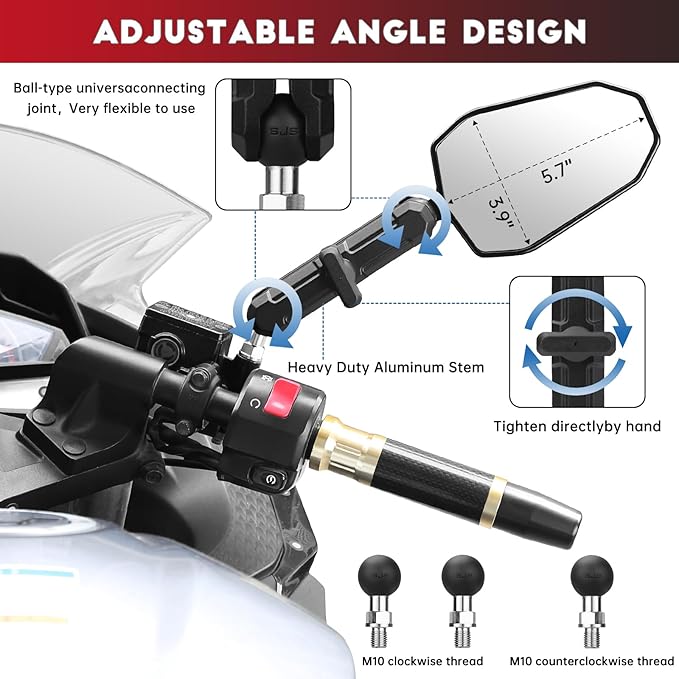 Aluminum Alloy CNC Adventure Bike Mirrors M10*1.25,Motorcycle Mirror Fits RAM B Balls and 7/8"Handlebar,Compatible with KTM 1290 Super Adv,Honda Grom,Kawasaki KLR,Yamaha XT,Suzuki DR & More