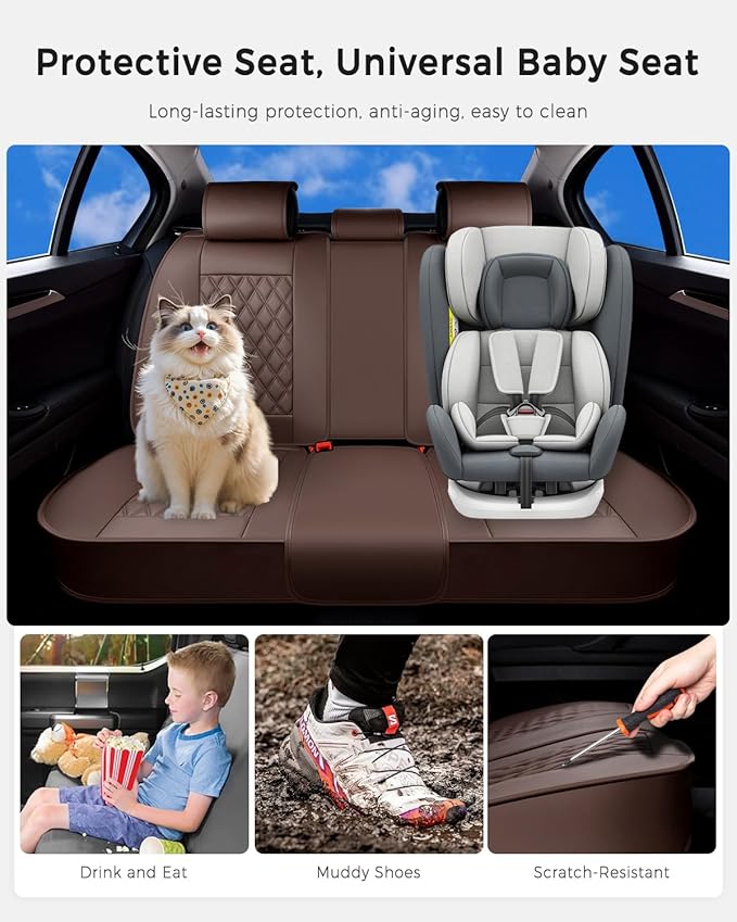 Huidasource Coffee Back Seat Cover, Nappa Leather Rear Seat Cover Velcro Adjustable, Compatible with Armrests, Seat belts, Child Safety Seats, Universal Fit for Most Cars SUVs Trucks (Back Row/Coffee)