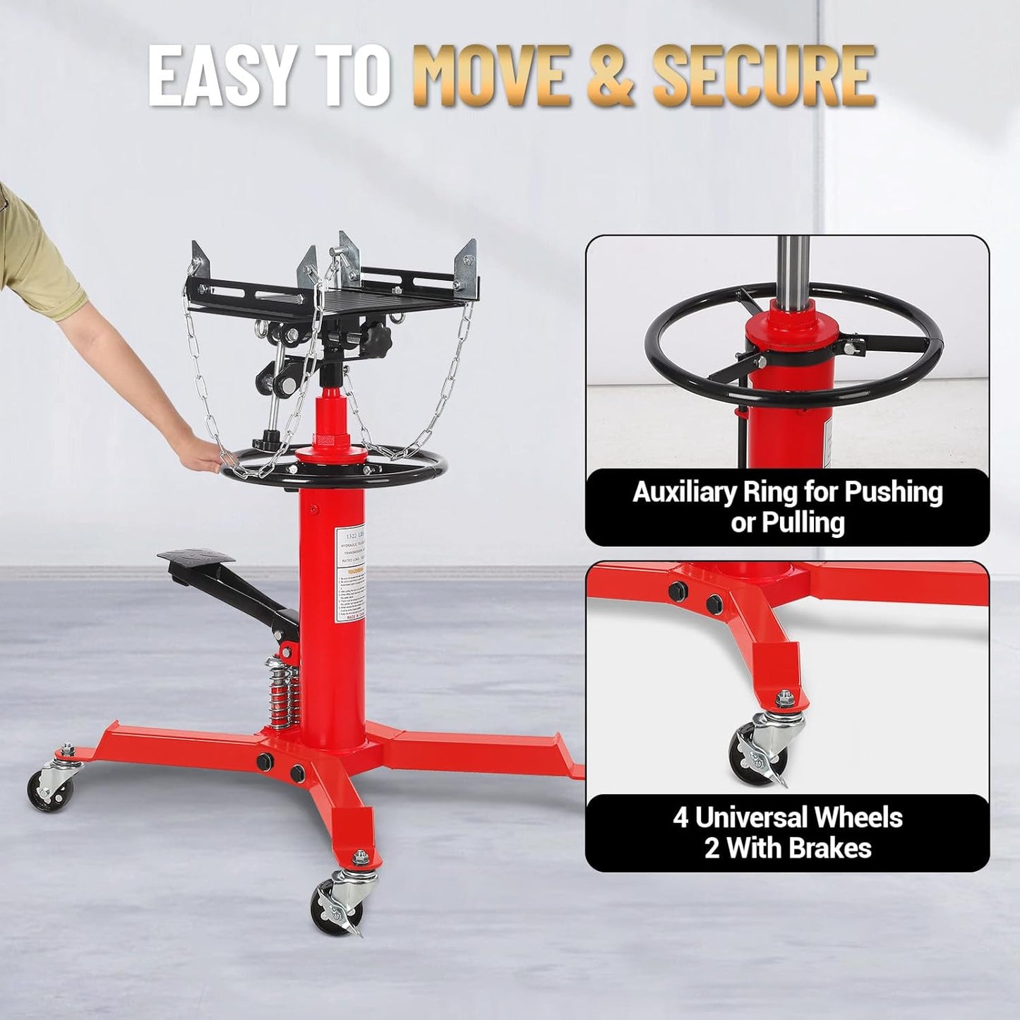 Dual Plunger Hydraulic Transmission Jack 1322lbs Capacity, 33.5"-69" High Lift 2-Stage Hydraulic Telescoping Jack, Trans Jack Stand with 8MM Non-Slip Pad, Foot Pedal & Swivel Wheel, Red