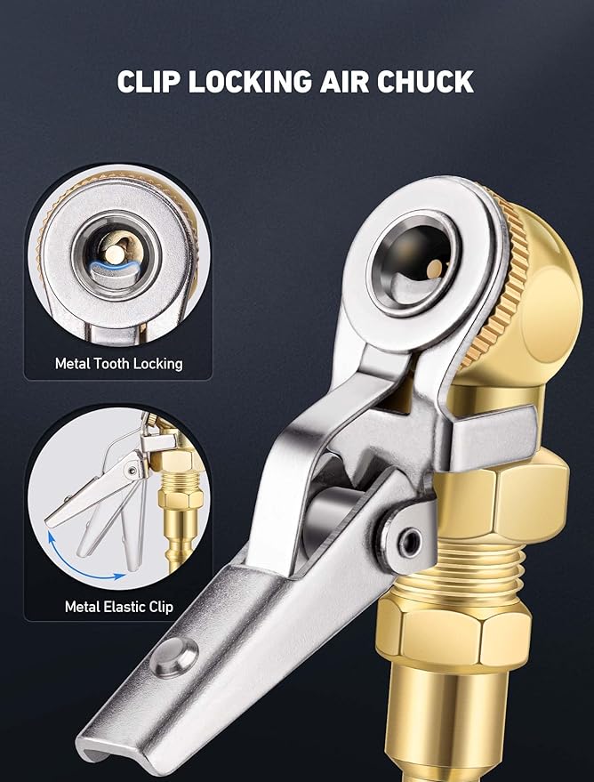 2-Pack Portable Tire Air Chuck with Clip, 1/4" FNPT Locking Air Chuck Tire Infator Nozzle with 360° Swivel Quick Plug, Closed Ball Lock On Air Chuck for Tire Air Compressor Accessories