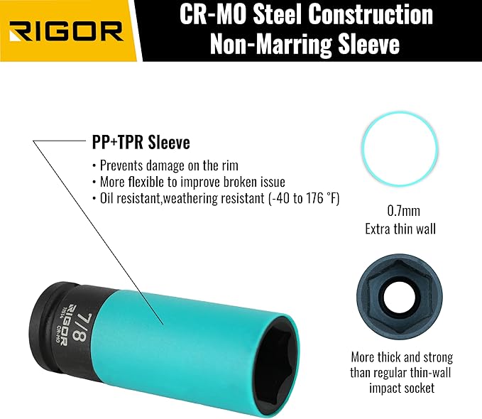 RIGOR 11514 7/8-Inch Non-Marring Lug Nut Socket | Wheel Protector Impact Socket | 1/2" Drive, 6 Point, CR-MO