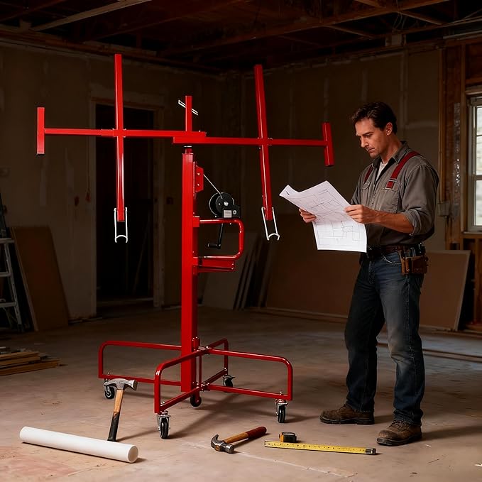 16FT Drywall Lift Sheetrock Lift, 150LBS Drywall Lift Panel Hoist with 4 Lockable Wheels for Ceiling, Drywall Rolling Lifter Panel, Drywall Jack Lift for Home & Commercial Use, Red