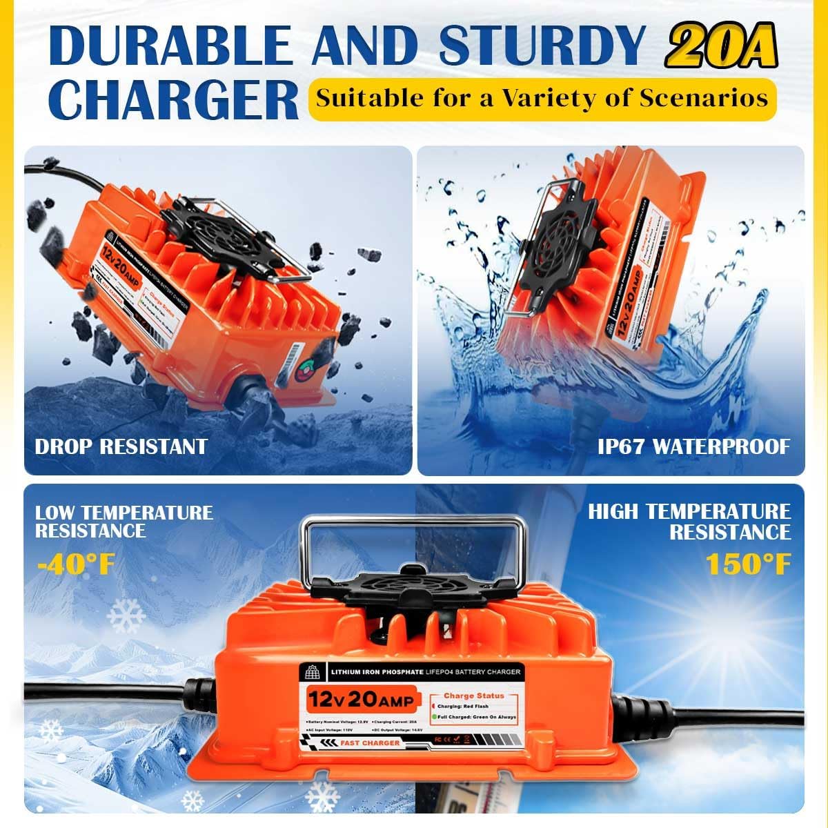 14.6V 20A LiFePO4 Battery Charger 12V Lithium Battery Charger with Anderson Plug AC to DC Smart Trickle Charger for Lithium Iron Deep Cycle Batteries of Trolling Motor RV Marine Car