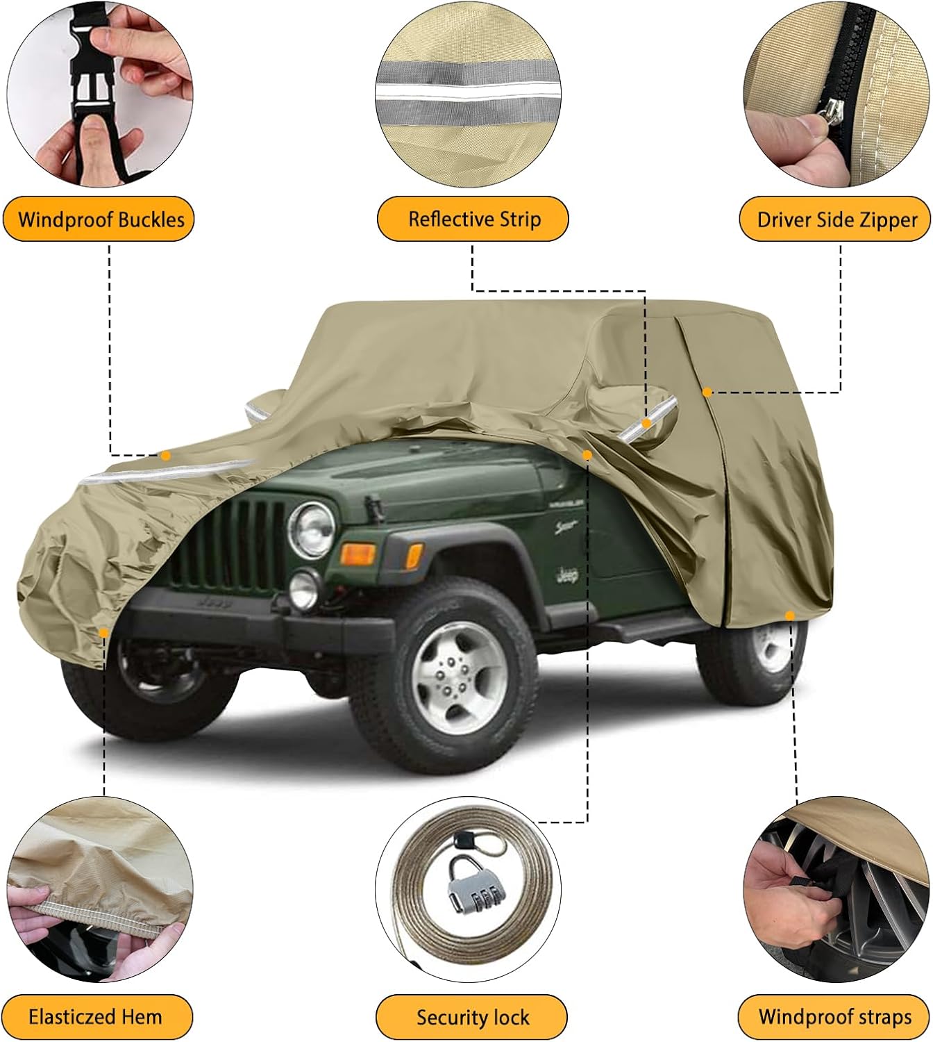 Waterproof Car Covers Replace for 1987-2006 Jeep Wrangler, Multilayer Heavy Duty with Cotton Liner All Weather Custom-fit Car Cover with Zipper Door, Windproof Bands for Snow Rain Dust Protection