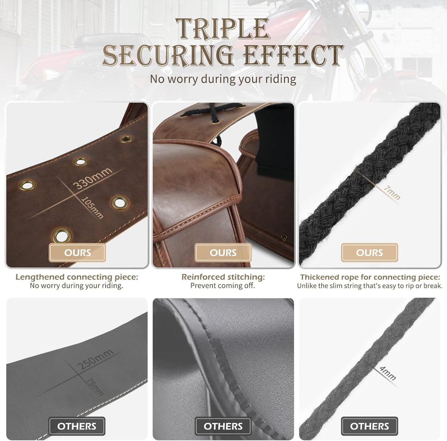 NICECNC Motorcycle Saddle Bags, PU leather Motorcycle Saddlebags, Reinforced Straps & Saddle Piece, with Cup Holder & Lock, Throw Over Saddle Bags Side Bags Universal Motorcycle Accessories, BROWN