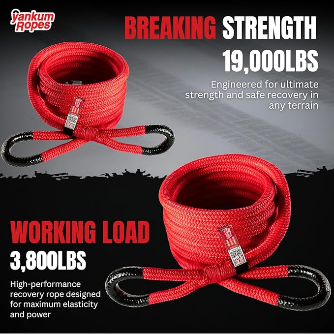 Yankum Kinetic Recovery Rope - Heavy Duty 3/4" x 30' Tow Rope, Off-Road & Vehicle Recovery, Kinetic Energy Ropes for 4x4, Jeep, and Trucks, Made in USA – Rubber Boa Series