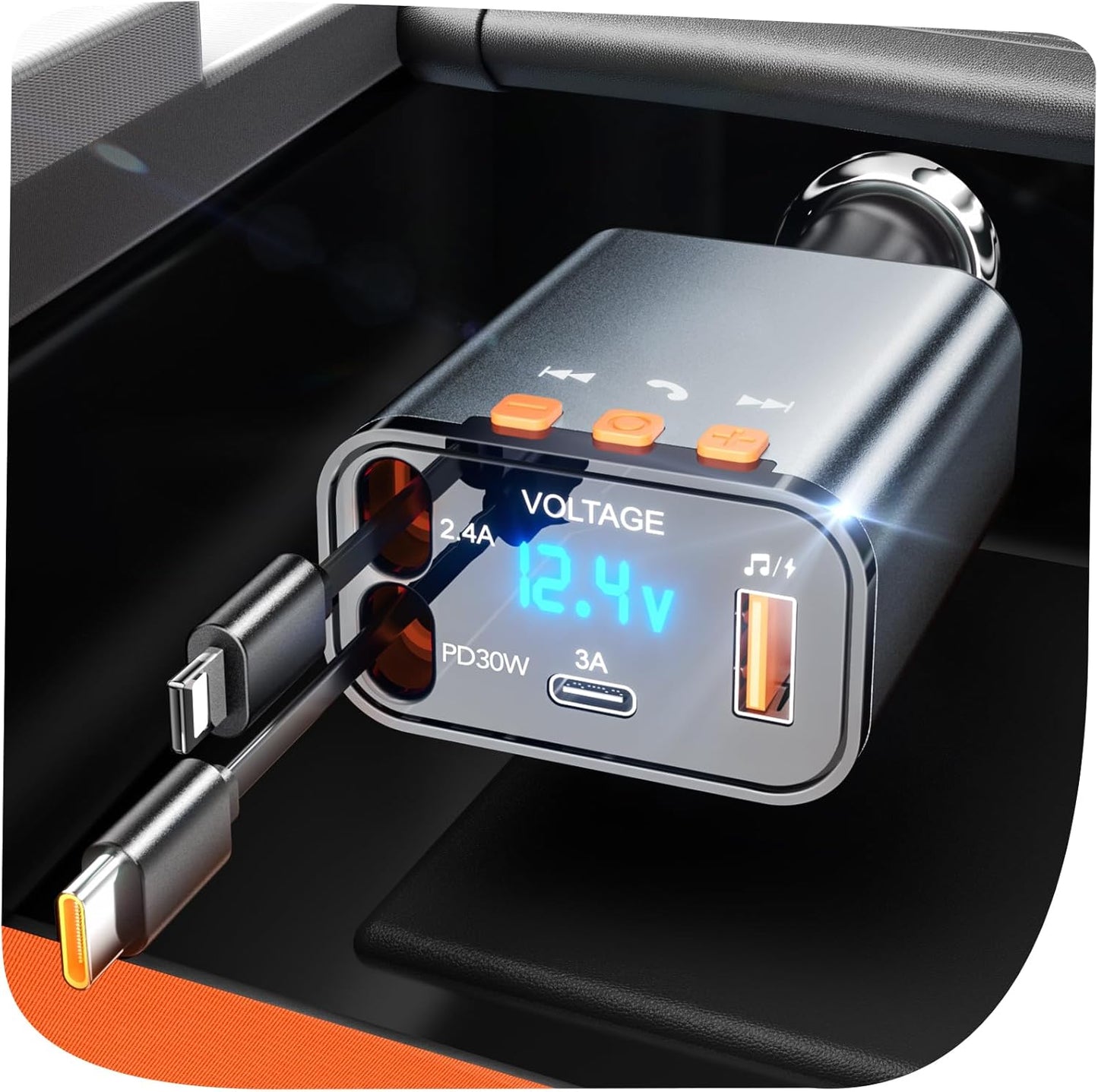 Bluetooth Car Adapter,5 in 1 Retractable Car Phone Charger with Bluetooth 5.3 FM Transmitter,Handsfree Call and MP3 Player,2 Retractable Cables and USB PD Charging Adapter for Cars Phone,Galaxy,Pixel