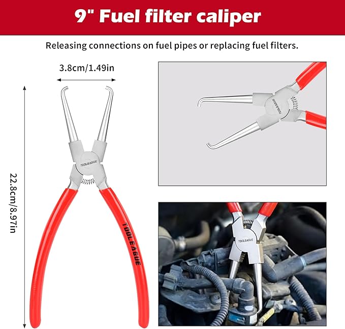 TOOLEAGUE 9Pcs Fuel Line Disconnect Pliers Set,9" Fuel Filter Caliper, Removal/CV Joint Boot Clamp/Flat Hose Clamp/30 Degree Disconnect Pliers Set for Auto Maintenance with Storage Case