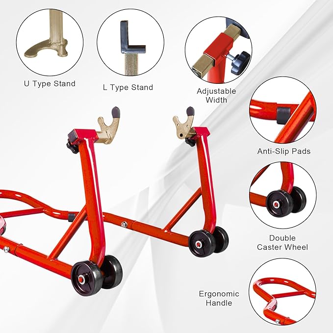 Big RED Motorcycle Stand 500LB, Adjustable Sport Bike Front and Rear Wheel Lift Stands, Fit for Yamaha, Kawasaki, Honda, Suzuki, Red, U+L