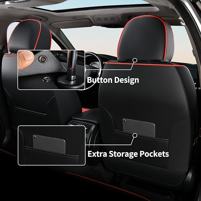 FLORICH Car Seat Cover Full Seats with Waterproof Leather, Car Seat Protectors with Storage Pocket, Airbag Compatible, Universal Seat Cover Fit for SUV, Sedan, Vans, Trucks- Black&Red Line