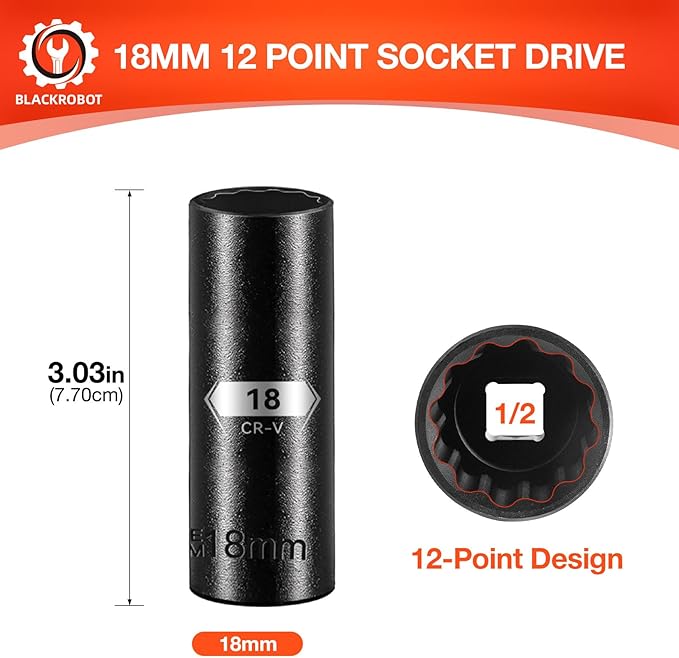 BLACKROBOT 18 mm 12-Point Deep Impact Socket, 1/2 Inch Drive, Metric, Cr-V Steel With Black Manganese Phosphate Coating