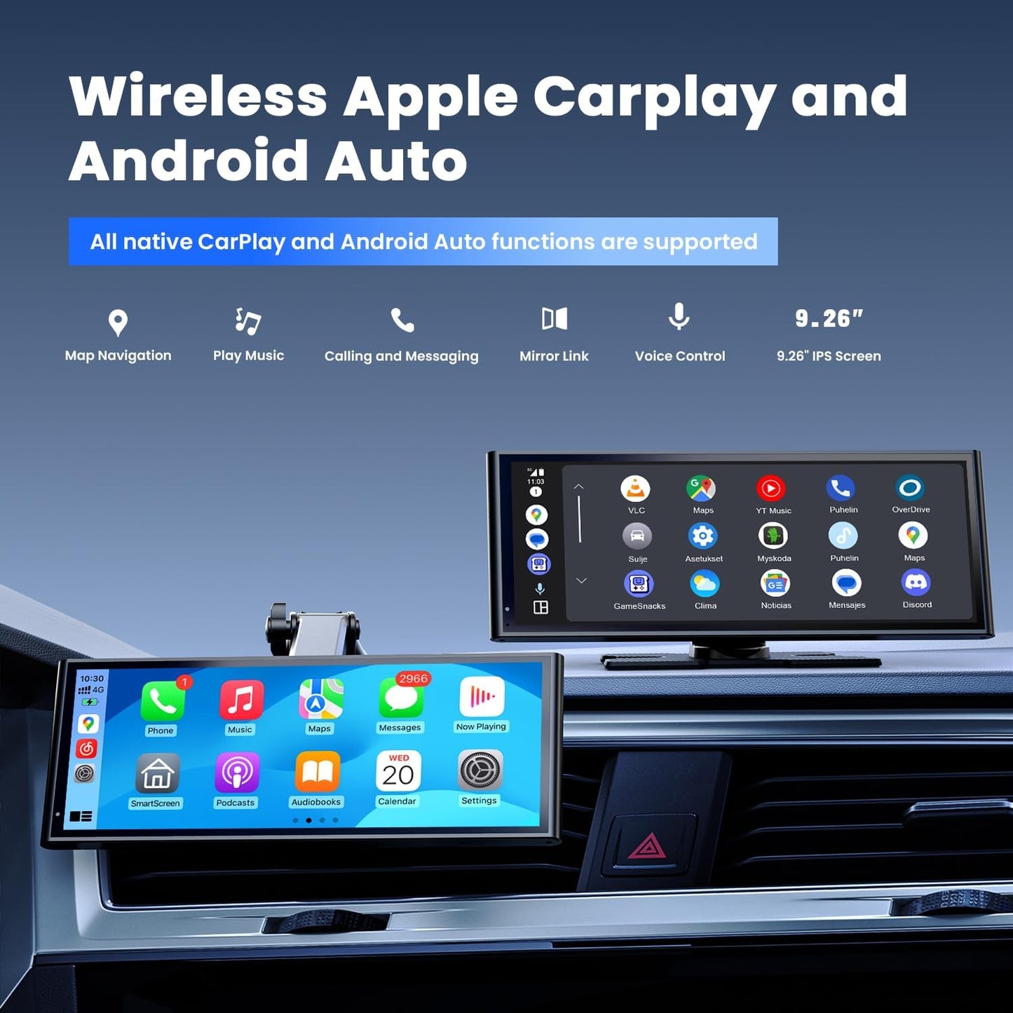 9.26" Wireless Portable Car Play Screen for Apple CarPlay & Android Auto, OTA Updates, Backup Camera, Mirror Link, 5.0 Bluetooth, Voice Control, GPS Navigation, FM