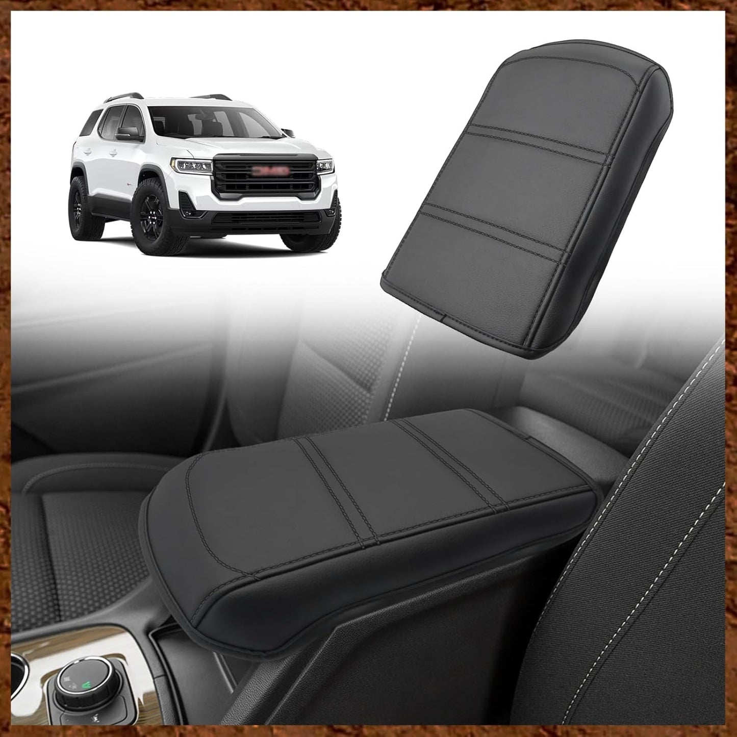 Muslogy for Acadia 2017-2023 Center Console Pad Armrest Cover Vegan Leather Cushion Pad Accessories Armrest Lid Protector Extra Soft Compatible with GMC Acadia 2023 2022-2017 (Black/Black Trim)