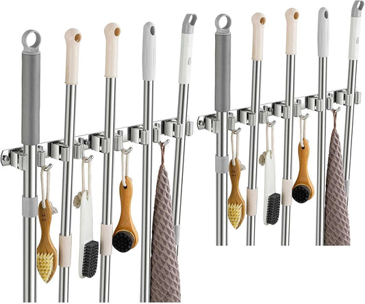 2 Pack Broom Holder Wall Mount, Stainless Steel Broom Hanger Wall Mount, Heavy Duty Mop and Broom Holder Tool Racks Utility Hooks for Laundry Room Garden Garage, Grey (5 Racks and 4 Hooks)