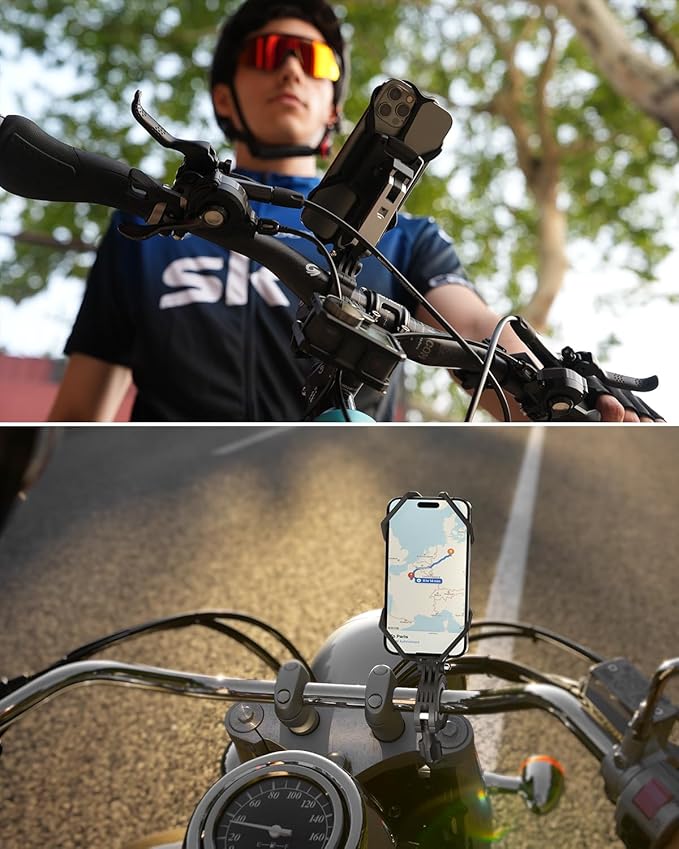 Viozon Bike Phone Holder - Motorcycle Phone Mount, Compatible for 4.7-7.2" Phones, Quick Lock, Shock-Absorbing Spring Arm, 360-Degree Rotation, for Mountain, Dirt, E-Bikes
