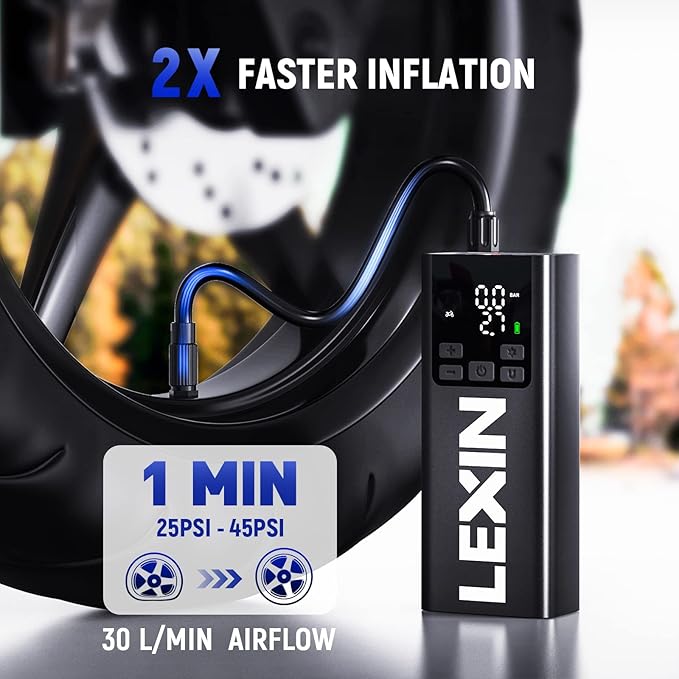 LEXIN P5 Tire Inflator Portable Air Compressor, 150PSI Electric Air Pump for Car Tires, w/Pressure Gauge&LED Light, 5000mAh Cordless Smart Pump for Car/Motorcycle/Bike/Bicycle/Scooter/Ball, Alloy