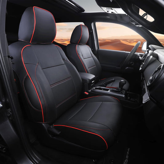 Car Seat Covers Full Set for Toyota Tacoma Double & Crew Cab 2023 2022 2021 2020 2019 2018 2017 2016 Tacoma Interior Accessories Premium Faux Leather Breathable Waterproof (Black+Red Line)