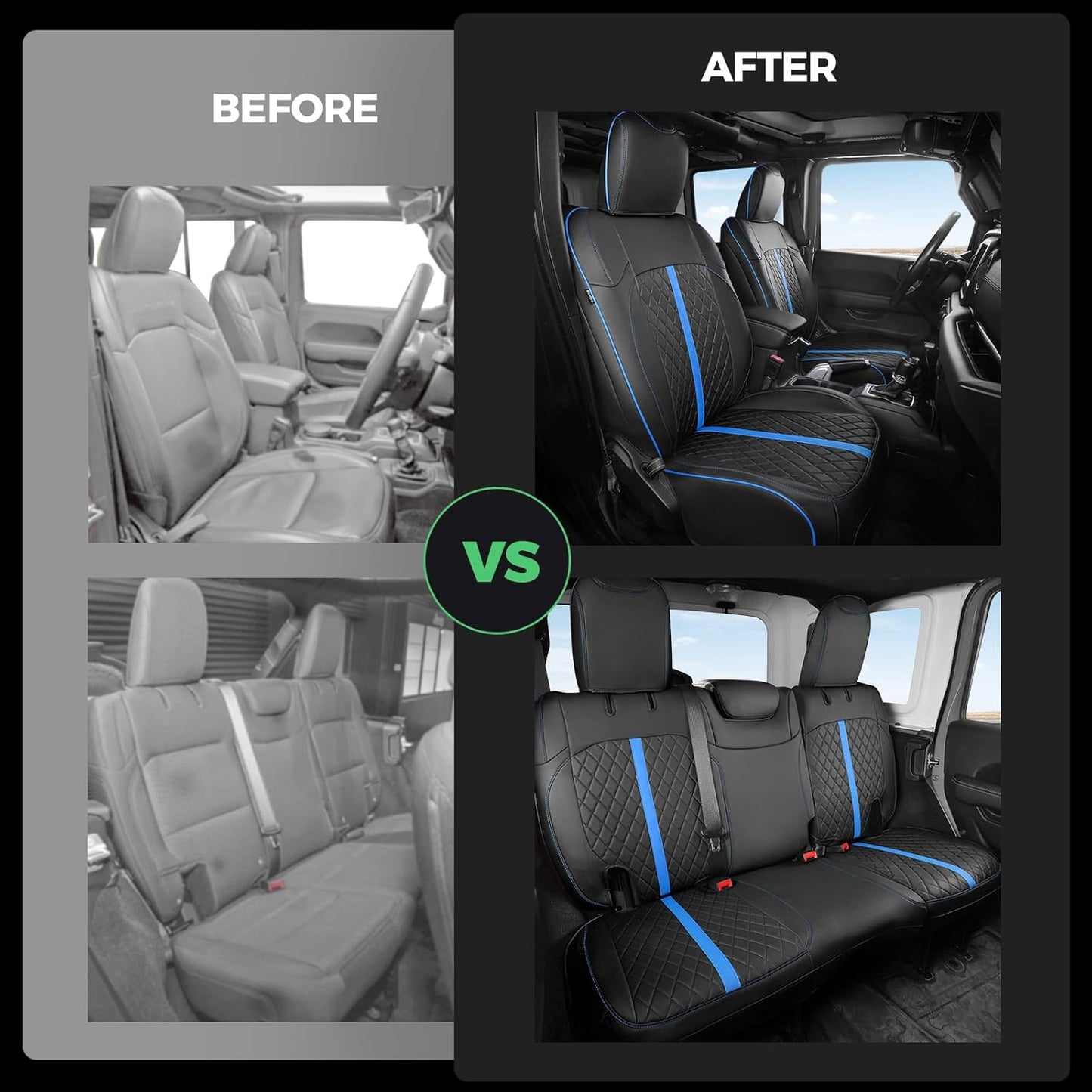 for Jeep Wrangler Seat Covers 4Door JL 2018 2019 2020 2021 2022 2023 2024 2025, Custom Car Seat Cover Full Set, Luxury Waterproof Leather Seat Protectors, Black Blue Trim, W/O Rear Cup Holder