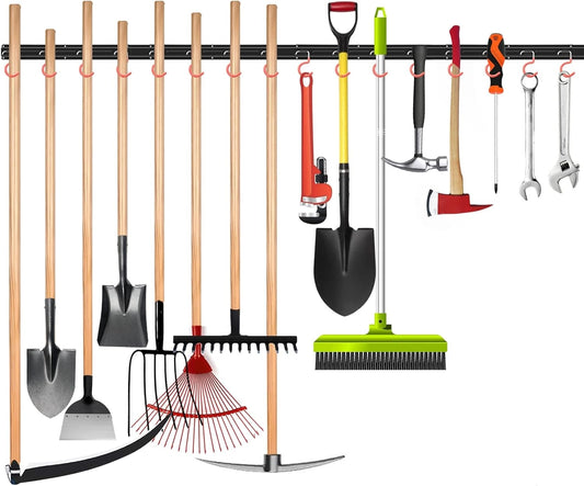 WALMANN All Metal 64 Inch Wall Mount Garden Tool Organizer for Garage, Mop and Broom Holder, Yard Tool Storage Rack for Rake, Shovel, Spade, Mop, Broom(4 Rails, 16 Hooks)
