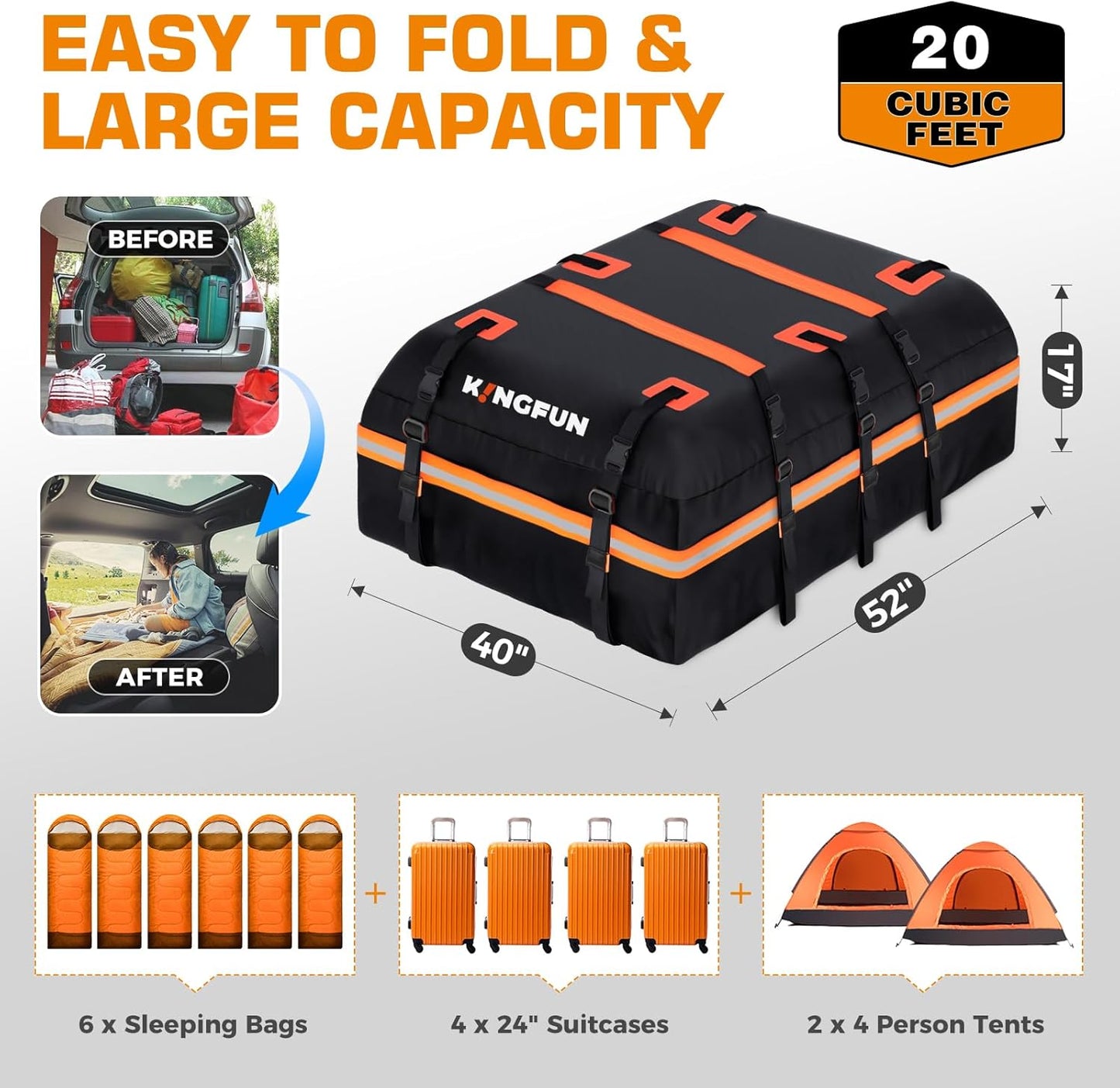 Kingfun Car Rooftop Cargo Carrier – Waterproof 20 Cubic Feet Car Roof Bag Fit All Vehicles with/Without Roof Racks, Includes Anti-Slip Mat, 8 Reinforced Straps & 6 Door Hooks, Luggage Locks