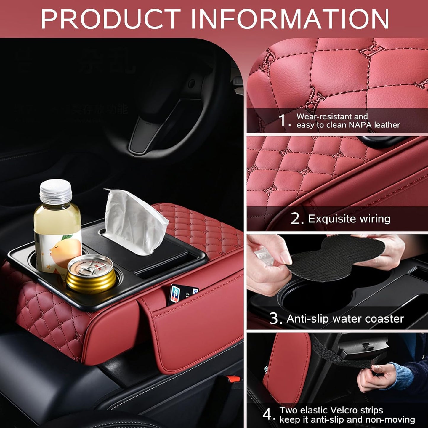 5 in 1 Car Armrest Storage Box for Center Console, Armrest Cushion Cover for Car with 2 Cup Holders Storage Bags, Tissue Box, Phone Slot, Premium Memory Foam with Nappa Leather, 14.2*7.9*2.8in, Orange