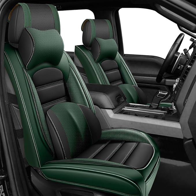 Full Set Car Seat Covers for GMC Sierra 1500/2500/3500 Denali SLT AT4 AT4X Base Seat Covers 2008-2025, Waterproof Premium Nappa Leather Seat Protectors(Luxury 5 Seats/Black&Green)