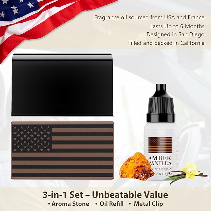 Car Freshener Car Air Diffuser for Sun Visor with Aroma Stone Magnet Clip – Luxurious Fragrance Oil Scents– Lasts 90 Days – Made in USA (0.34 FL Oz 3 PCS Set, Amber Vanilla-Aroma Stone)