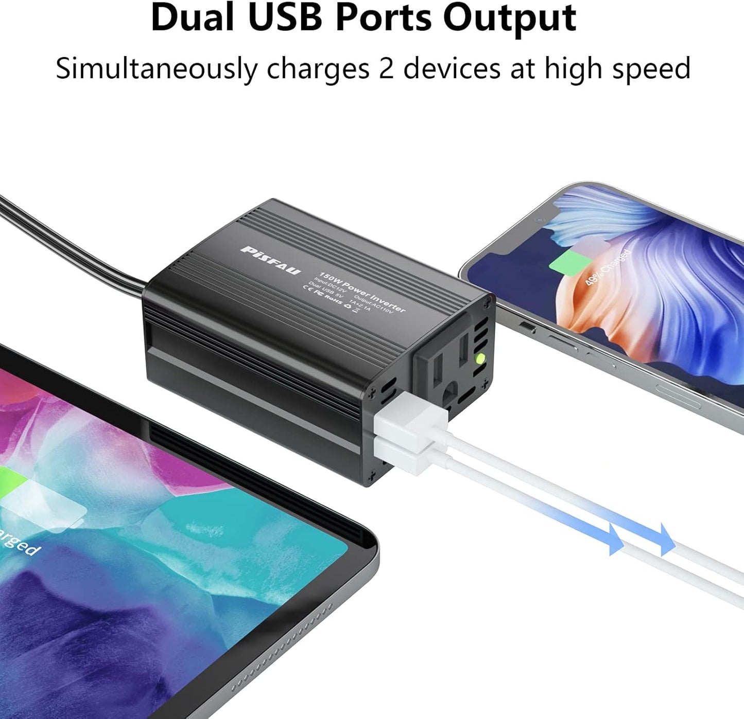 150W Power Inverter 12V DC to 110V AC Car Plug Adapter Outlet Converter with 3.1A Dual USB AC car Charger for Laptop Computer Black