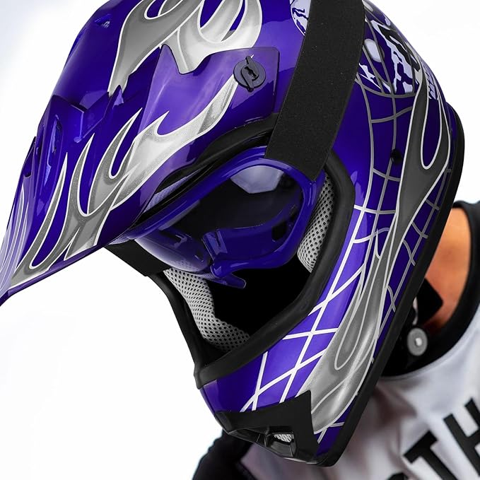 XFMT DOT Youth Kids Dirt Bike Helmet Full Face Motocross Helmets for Off-Road ATV Street Bike Four Wheeler Motorcycle with Goggles & Gloves, Blue Skull Large