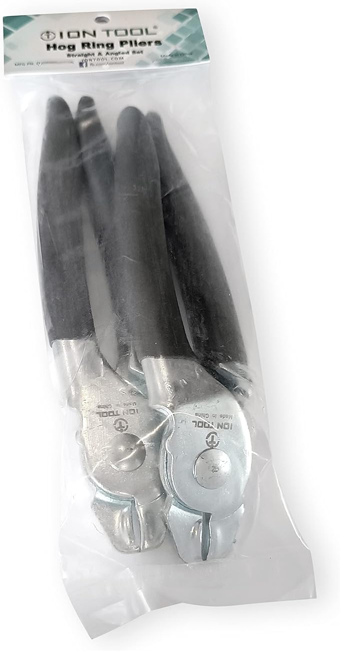 Hog Ring Pliers 2 Piece Set, Straight & 45° Bent, Steel with Cushion Non-Slip Grips - For Upholstery, Sausage, Bagging, Bungee Cords, & Fencing