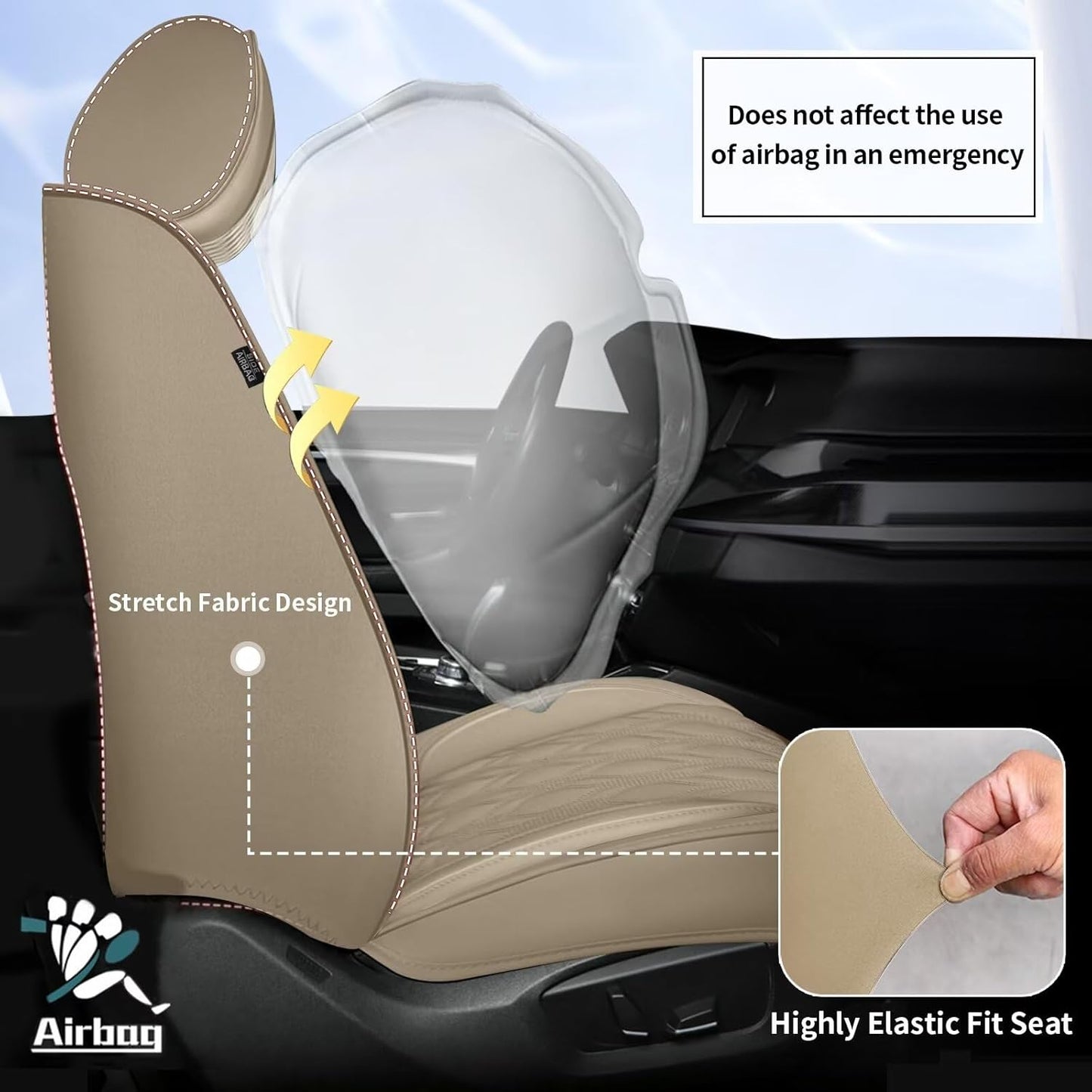 2 Front Car Seat Covers Fit for Toyota Camry 2012-2025: Faux Leather Automotive Seat Covers Waterproof Vehicle Seat Protector with Compatible Airbag (2 Seats, Beige)