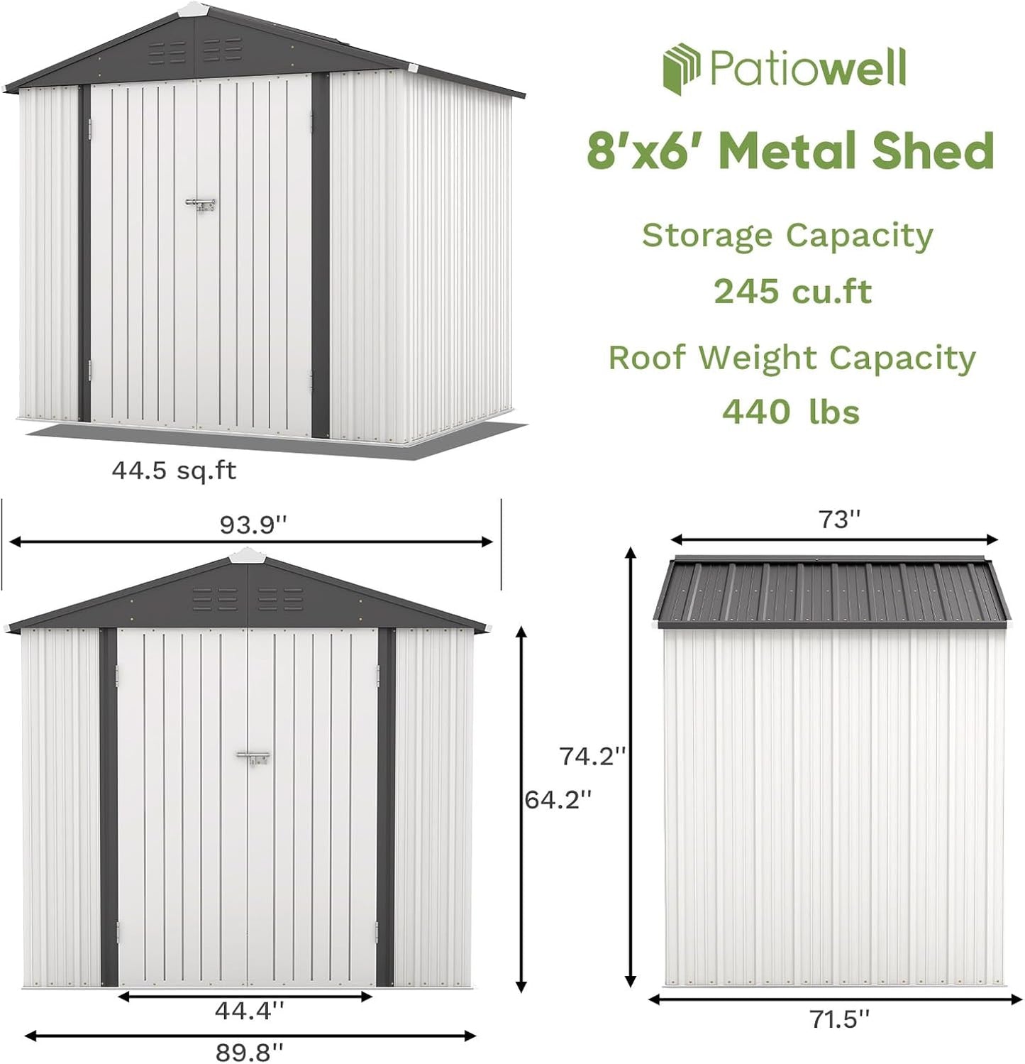 Patiowell Outdoor Storage Shed 8x6 FT, Garden Tool Storage Shed with Sloping Roof and Double Lockable Door, Outdoor Shed for Backyard Garden Patio Lawn, White