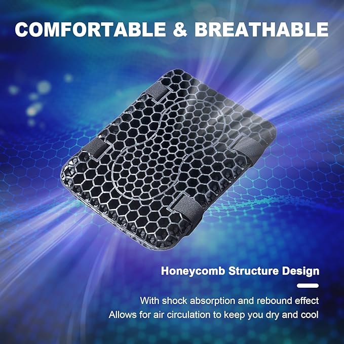 Motorcycle Gel Seat Cushion, 3D Honeycomb Shock-Absorbing, Hollow and Breathable, Hel Material is Compressive, Non-Breaking, Non-Hardening, Soft and Comfortable (Small Rectangular Style)