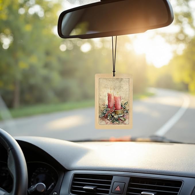 Pink Christmas Car Air Freshener 4 Pcs, Vintage Winter Pink Xmas Candle Tree Bell Santa Claus Hanging Air Freshener for Cars Closet Drawer Books, Girly Christmas Car Accessories for Women