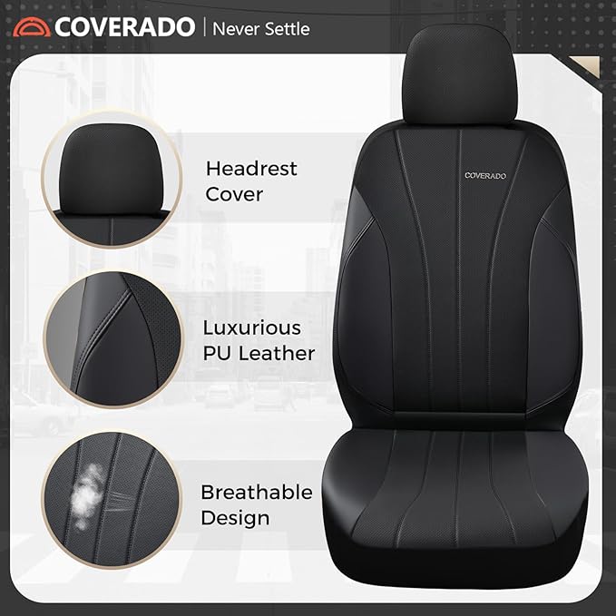 Coverado Car Seat Covers Front Seats, Automotive Seat Covers 2 Pack, Leather Car Seat Covers, Airbag-Compatible, Spill-Proof Design, Black Seat Covers for SUV Sedan Truck