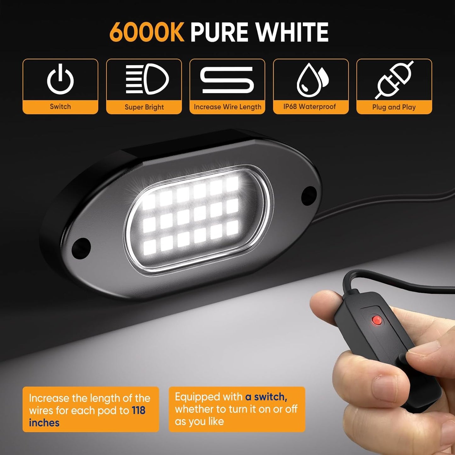 Honalia Pure White Rock Lights for Trucks 12 Pods, 6000K White LED Rock Lights Kits with Switch