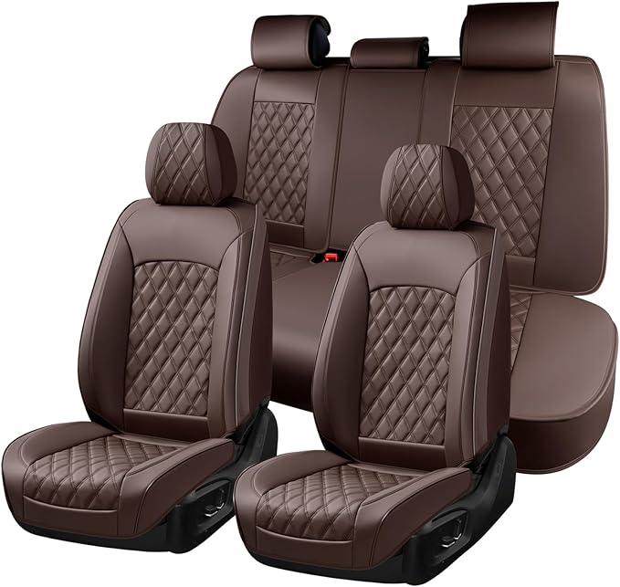 Huidasource Coffee Seat Cover, Nappa Leather Car Seat Cover, Velcro Adjustable, Compatible with Airbags, Armrests, Child Seat, Seat Belts, Fit for Most Cars, Vans, Trucks, SUVs (Full Set/Coffee)