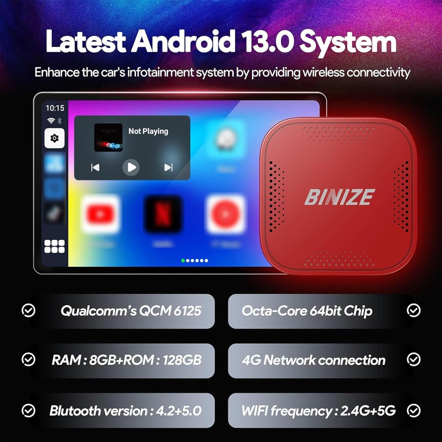 Binize Carplay Ai Box Android 13 AndroidAuto AI Box Wireless Carplay AndroidAuto Built-in Navigation, Support Video APPS etc. Support Car with OEM Wired CarPlay/Android Auto (Red 8G+128G)