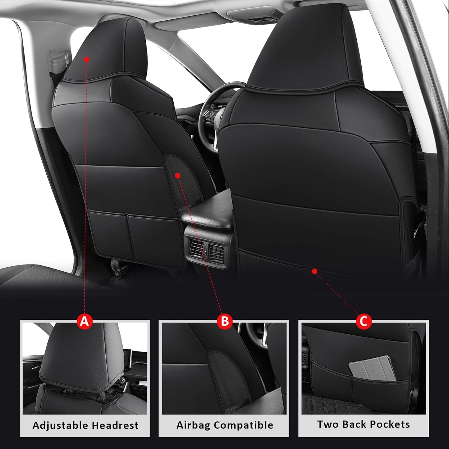 MIROZO Seat Covers for rav4,Waterproof Car Seat Covers Faux Leather Seat Cover Full Set Fit for 2019-2025 Toyota RAV 4 Non-Hybrid (Not for Adv & TRD-Off,Black)