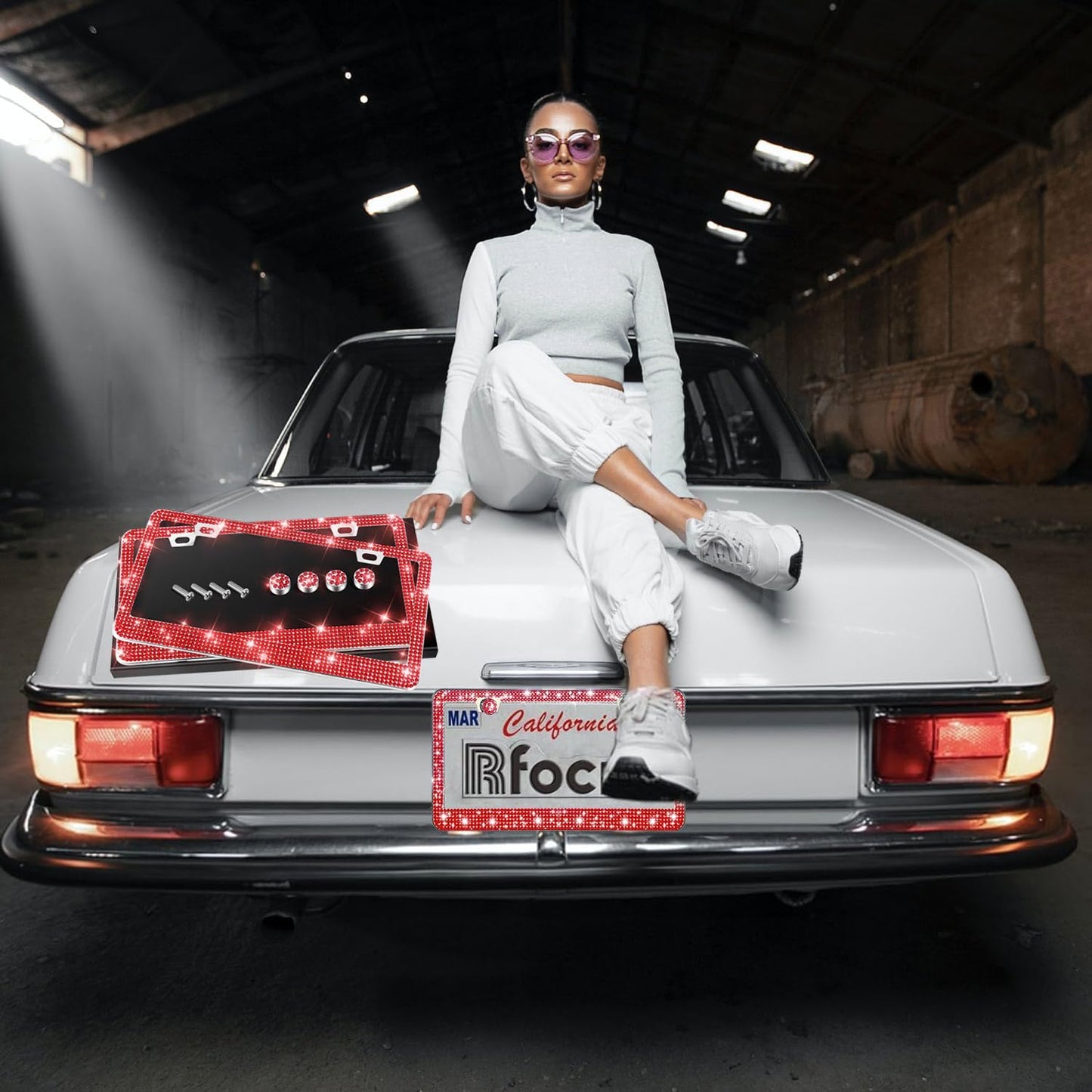 2 Pack License Plate Frames for Women, Sparkly Rhinestone Diamond Car Accessories with Glitter Crystal Caps (Red(2PCS))