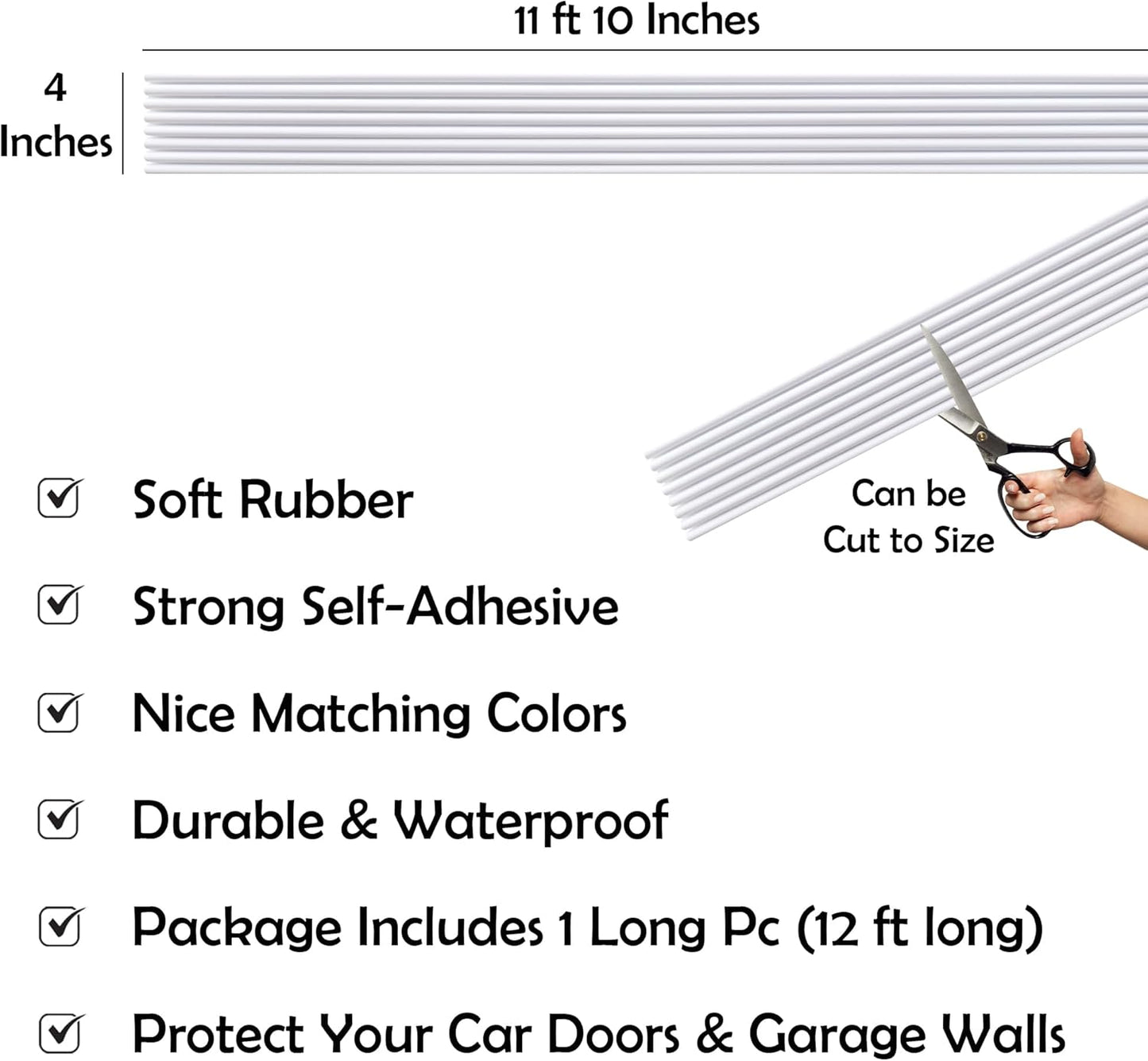 Rubber Bond Garage Wall Protectors - 4in x 12ft Strong Self-Adhesive Rubber Bumper Protectors for Garage Walls - Waterproof and Anti-Scratch Garage Wall Protector for Car Doors (White)
