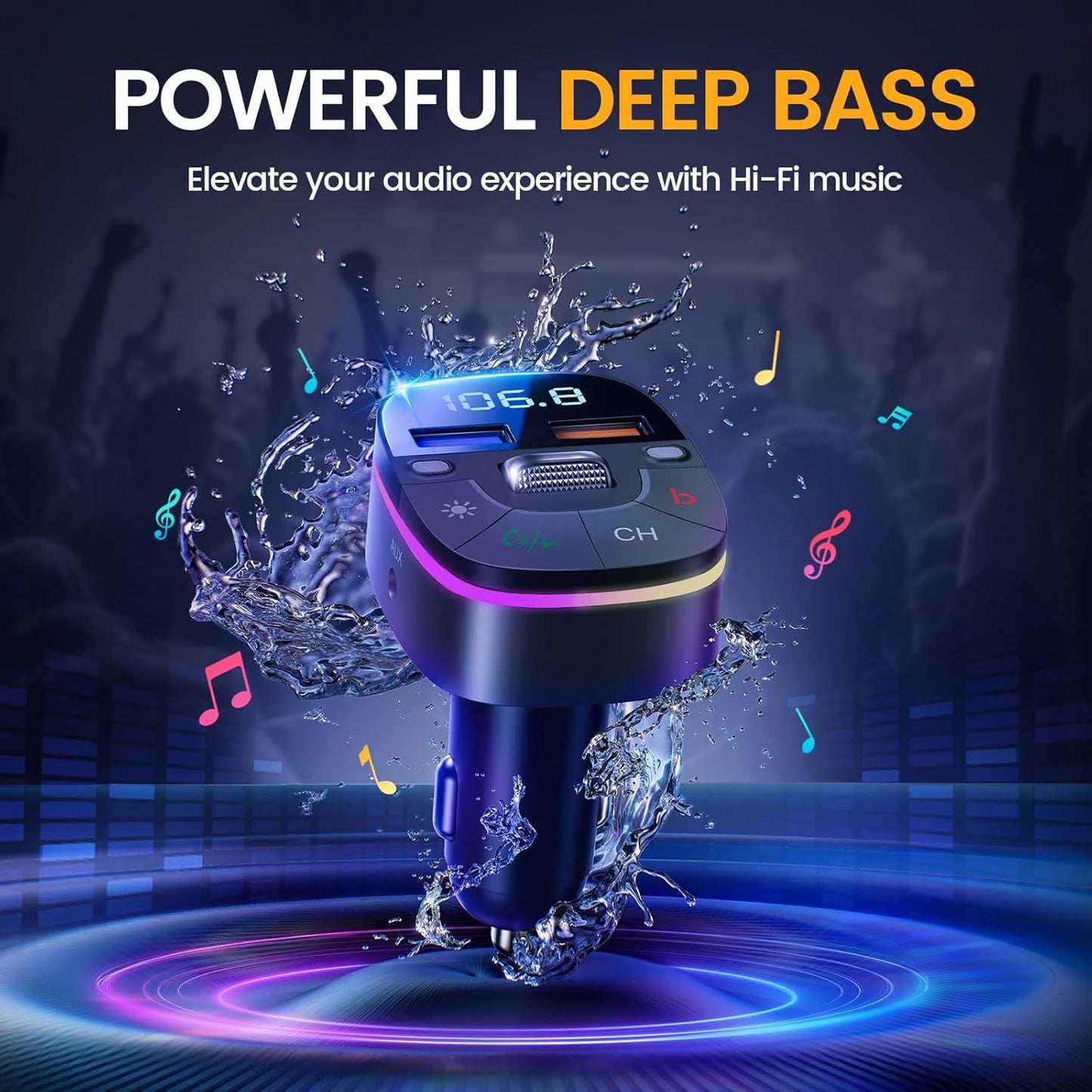 LENCENT Bluetooth Car Adapter, 5.0 Car FM Transmitter with QC3.0 Charger, AUX Bluetooth Radio Music, Wireless Dual Mics, Bass Sound, Cigarette Lighter, & HandsFree, Supports Siri & Google Assistant