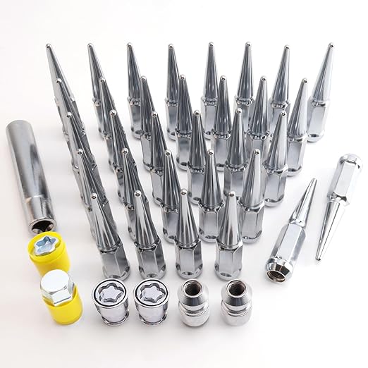 9/16 Wheel Locks, Fit for ram 1500, Ram 2500, Ram 3500, Chassis cab, Dakota, Durango?Aspen, Wheel Locks Set, 4 Locking Lug Nuts 2 Pcs Key with 32Pcs Spike Lug Nuts+1 Key, Chrome