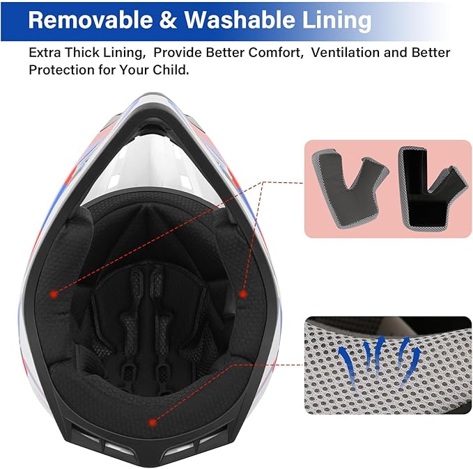 XFMT DOT Youth Kids Dirt Bike Helmet Full Face Motocross Helmets for Off-Road ATV Street Bike Four Wheeler Motorcycle with Goggles & Gloves, Red White and Blue Small